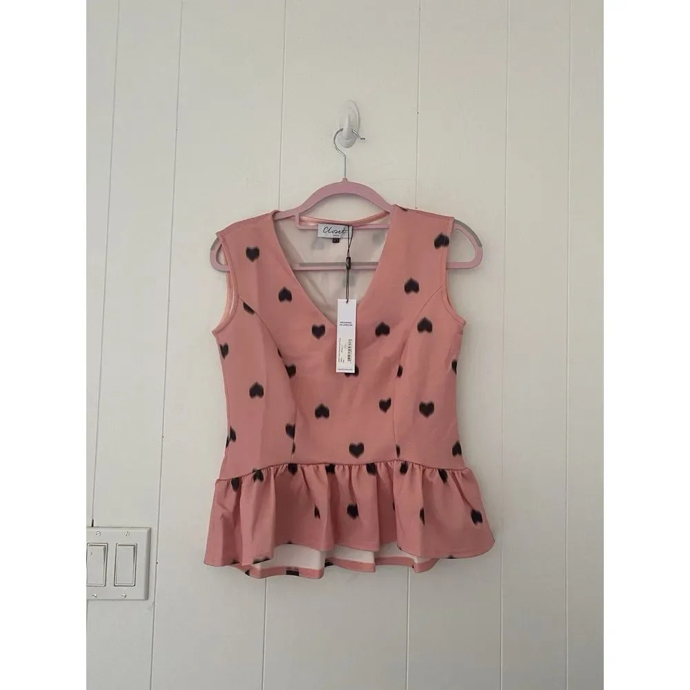 NWT -‎ Closet London Sz 8 Pink V-neck With Hearts Gathered Ruffle Hem - Picture 2 of 7